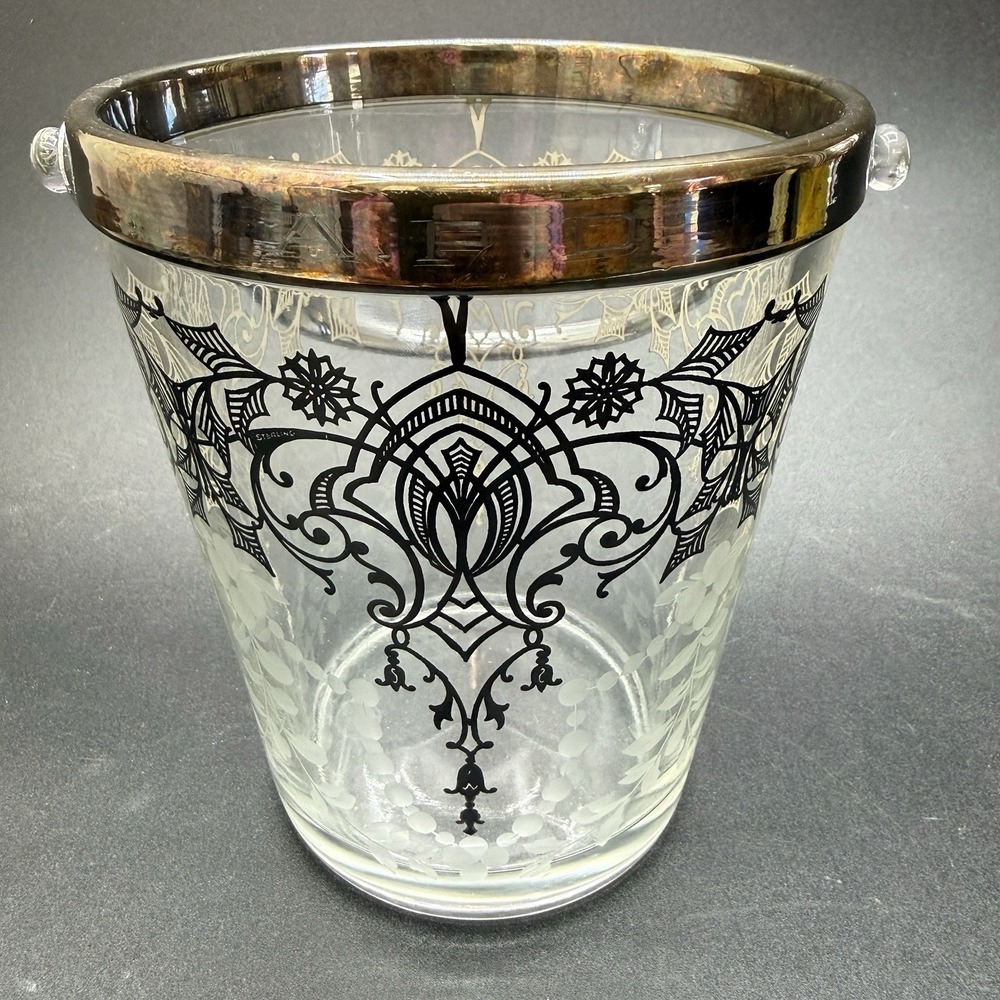 Antique Art Nouveau Silver‎ Overlay Glass Ice Bucket Floral Monogrammed